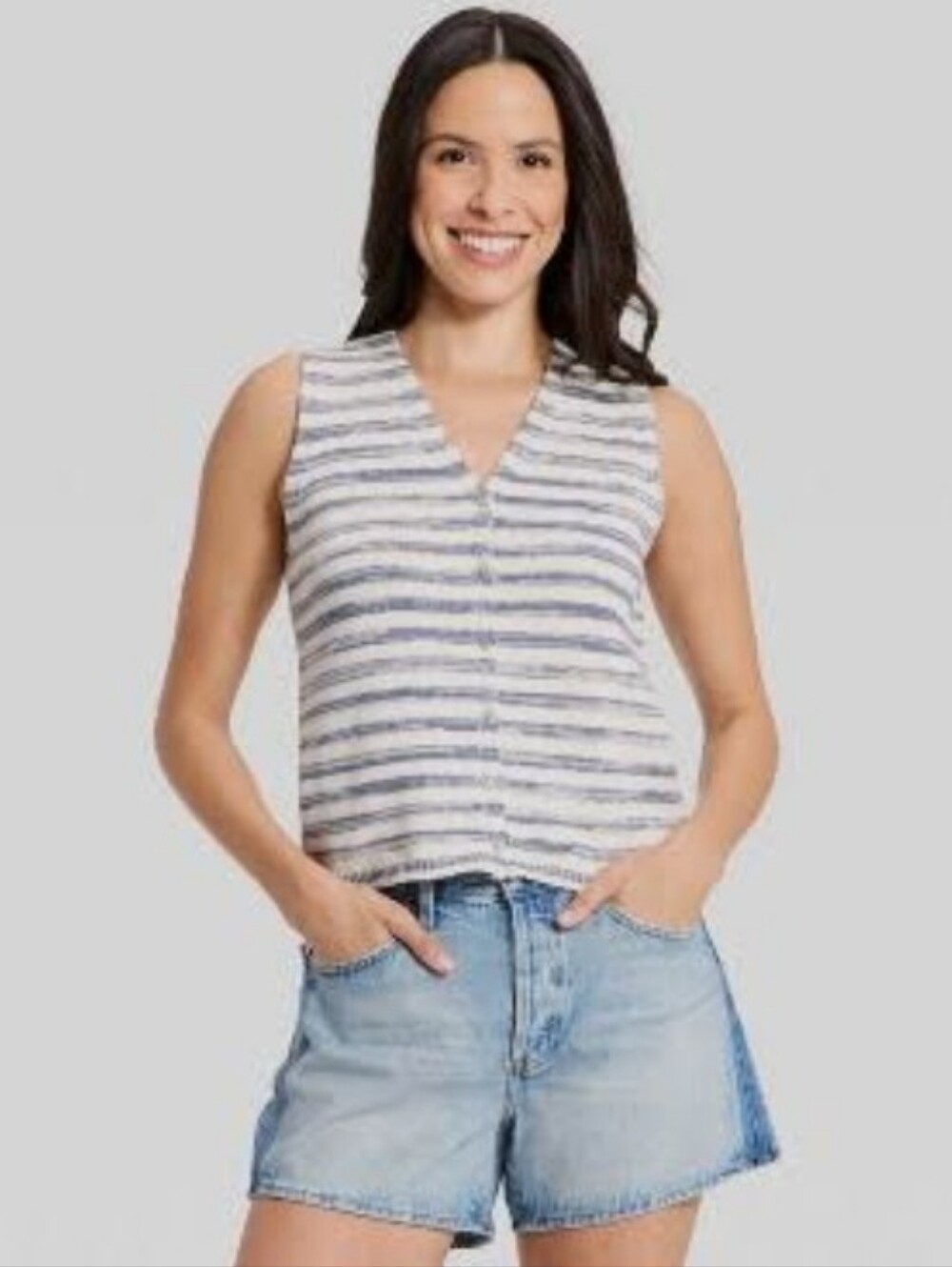 Universal Thread-Striped V-Neck Button Down Tank (Navy-White)-XXL💙🤍